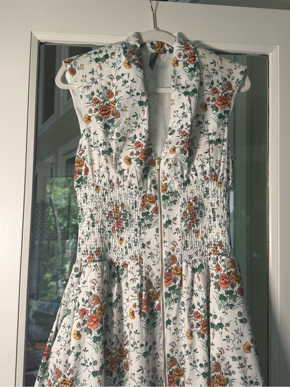Anthropologie Cottage Garden Floral Gold Zipper Front Dress w Yellow Rust Blooms - Picture 5 of 11